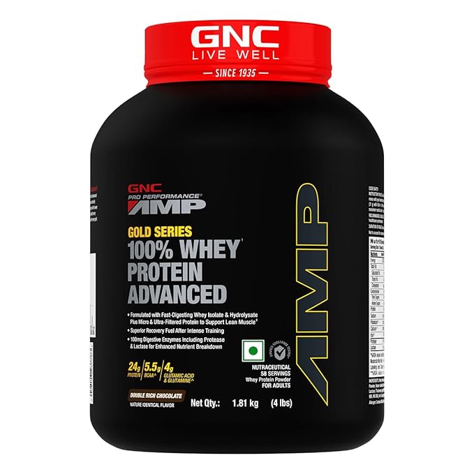 GNC AMP Gold Series Whey Protein Advanced | 4 lbs | Lean Muscle Gains | Intense Workout | Informed Choice Certified | 24g Protein | 5.5g BCAA | 4g Glutamine | Double Rich Chocolate